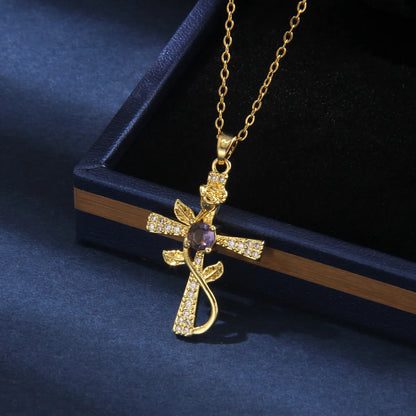 201 Stainless Steel Copper Gold Plated Retro Simple Style Plating Inlay Cross Rose Zircon Pendant Necklace