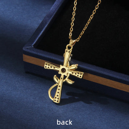 201 Stainless Steel Copper Gold Plated Retro Simple Style Plating Inlay Cross Rose Zircon Pendant Necklace