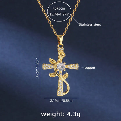 201 Stainless Steel Copper Gold Plated Retro Simple Style Plating Inlay Cross Rose Zircon Pendant Necklace