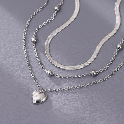 201 Stainless Steel Copper Inlay Heart Shape Zircon Three Layer Necklace