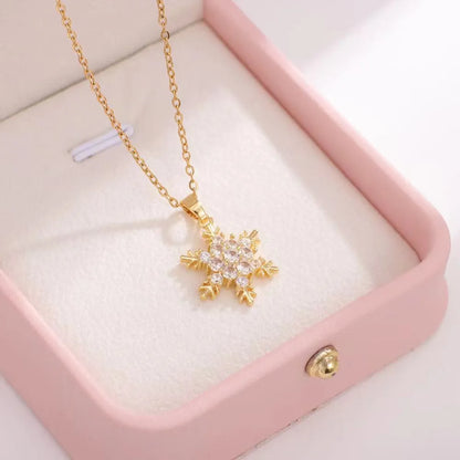 201 Stainless Steel Copper Plating Inlay Snowflake Zircon Pendant Necklace