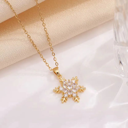 201 Stainless Steel Copper Plating Inlay Snowflake Zircon Pendant Necklace