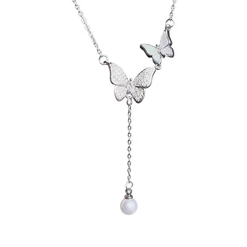 201 Stainless Steel Copper Silver Plated Plating Inlay Butterfly Artificial Pearls Zircon Pendant Necklace