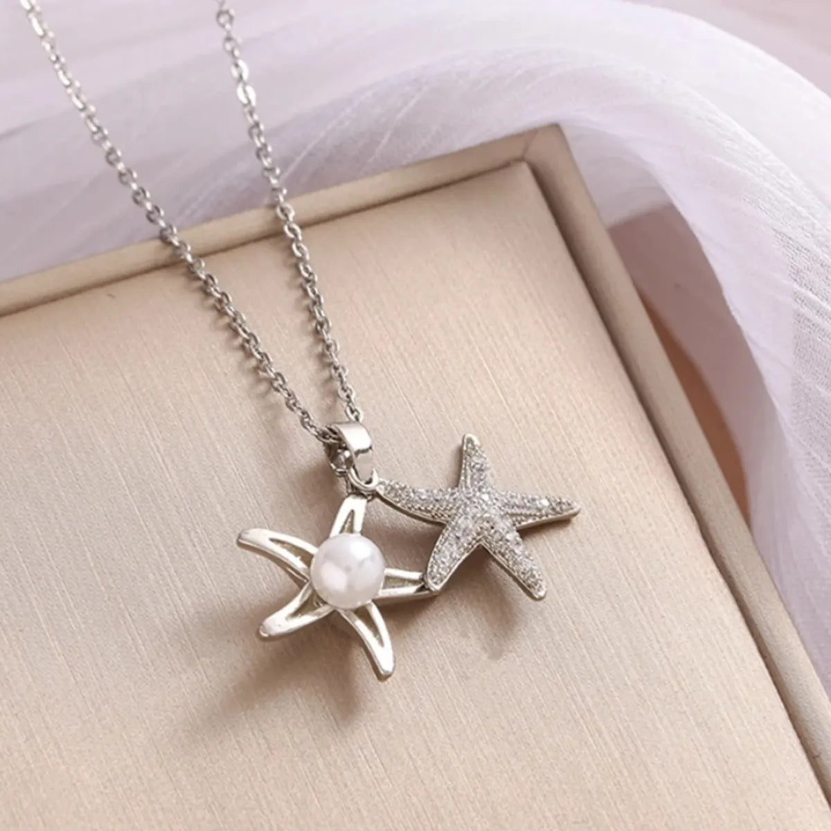 201 Stainless Steel Copper White Gold Plated Gold Plated Plating Inlay Starfish Artificial Pearls Zircon Pendant Necklace