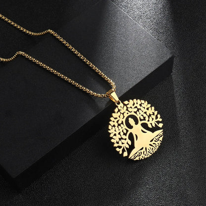 Wholesale Jewelry Hip-Hop Round Life Tree Skull 201 Stainless Steel 18K Gold Plated Hollow Out Pendant Necklace