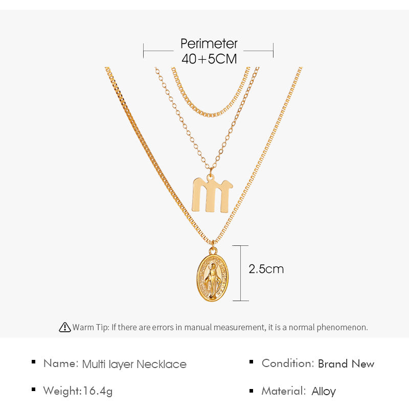 New Retro Religious Three-layer Metal Long  Multi-layer Letter Idol Alloy Necklace