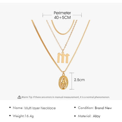 New Retro Religious Three-layer Metal Long  Multi-layer Letter Idol Alloy Necklace