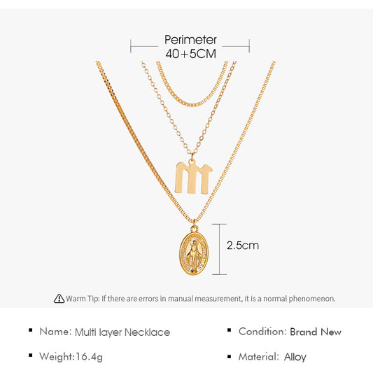 New Retro Religious Three-layer Metal Long  Multi-layer Letter Idol Alloy Necklace
