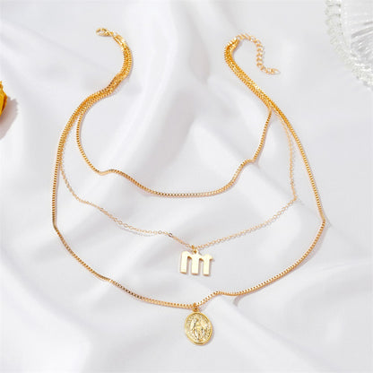 New Retro Religious Three-layer Metal Long  Multi-layer Letter Idol Alloy Necklace