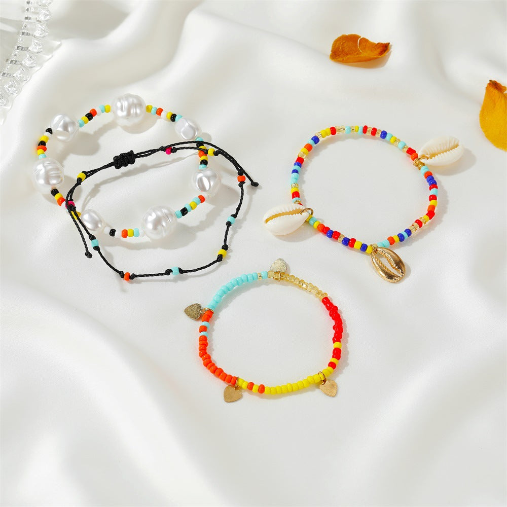 New Four-piece Woven Nepal Color Beaded Shell Bracelet Set For Women