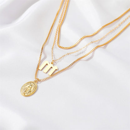 New Retro Religious Three-layer Metal Long  Multi-layer Letter Idol Alloy Necklace