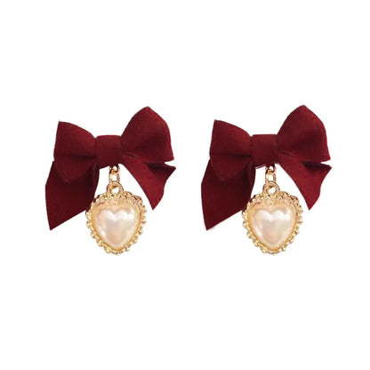 Autumn And Winter New Korean Retro Velvet Bow Heart Pearl Earrings