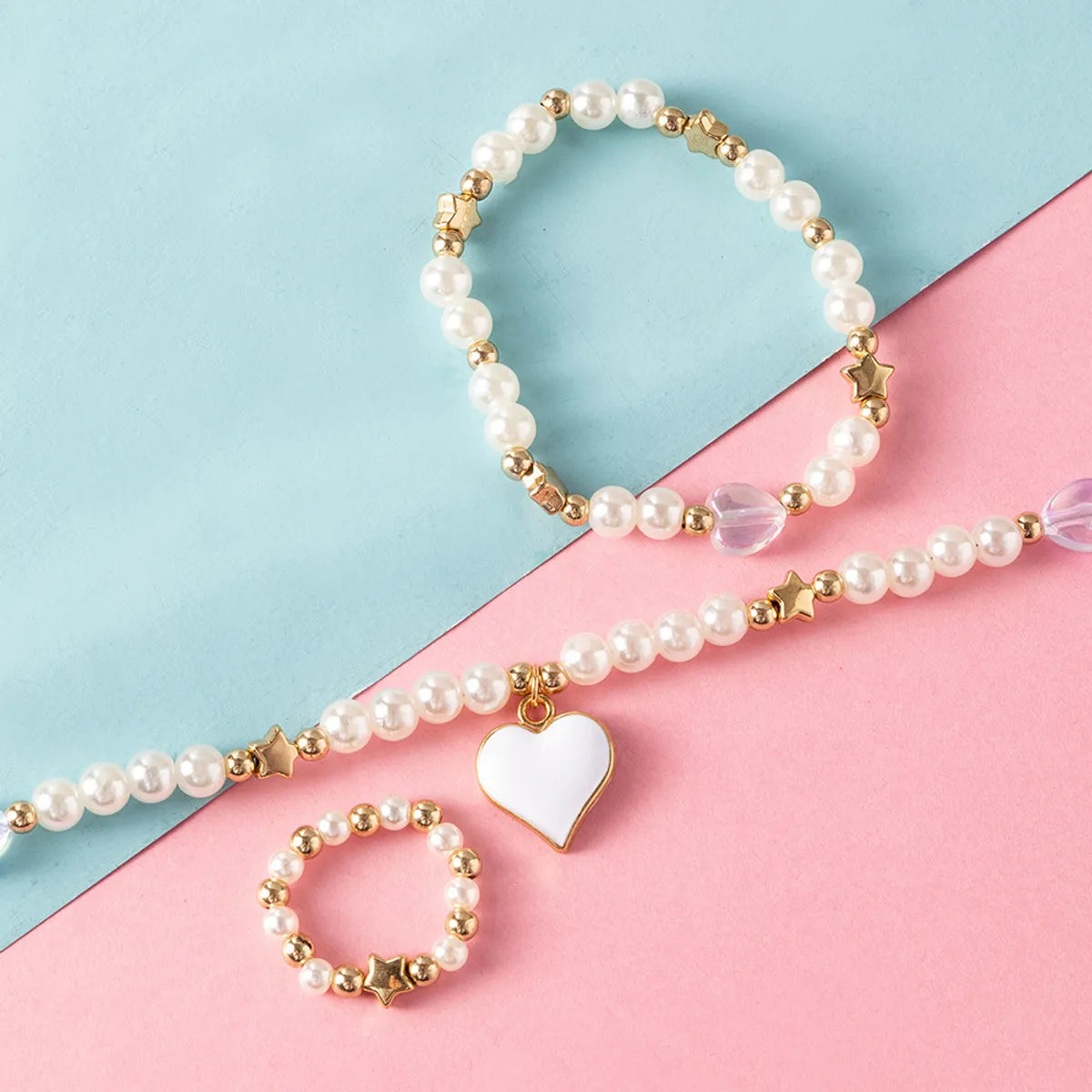 New Fashion Cute Heart Pendant Pearl Bead Necklace Ring Bracelet Children's Jewelry 3-piece Set