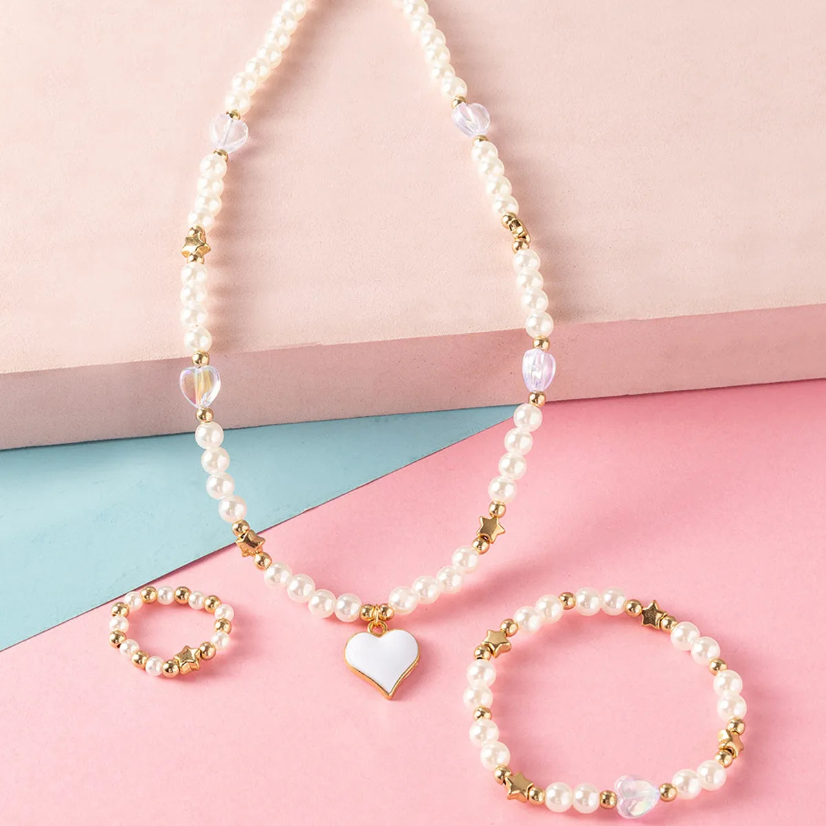 New Fashion Cute Heart Pendant Pearl Bead Necklace Ring Bracelet Children's Jewelry 3-piece Set