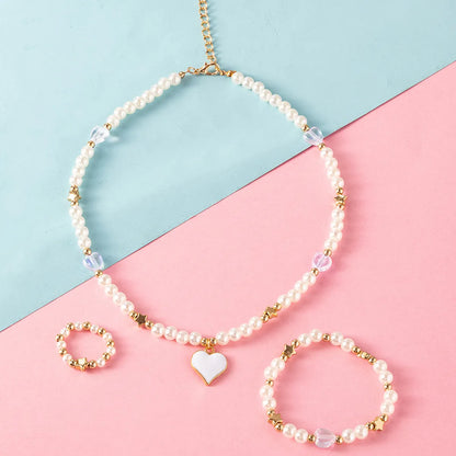 New Fashion Cute Heart Pendant Pearl Bead Necklace Ring Bracelet Children's Jewelry 3-piece Set