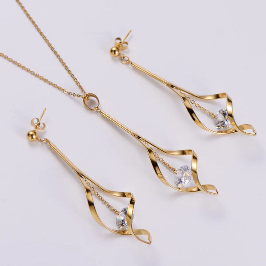 New Geometric Diamond Long Tassel Stainless Steel Earrings Necklace Set