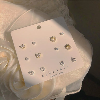 New Star Heart Bow Pearl Stud Earrings Set