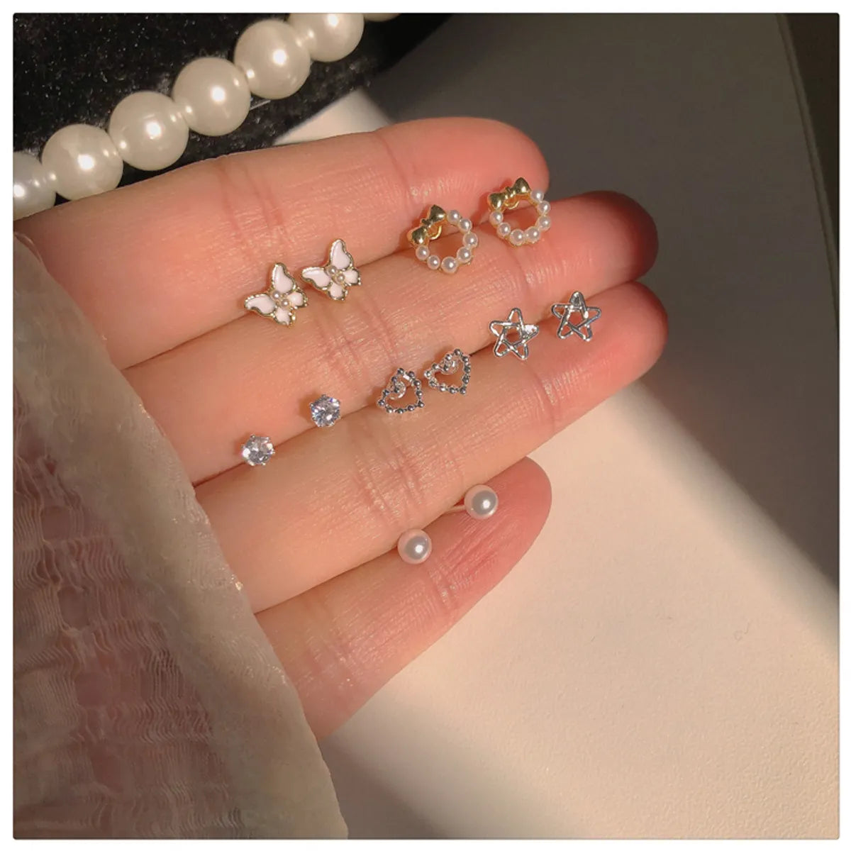 New Star Heart Bow Pearl Stud Earrings Set