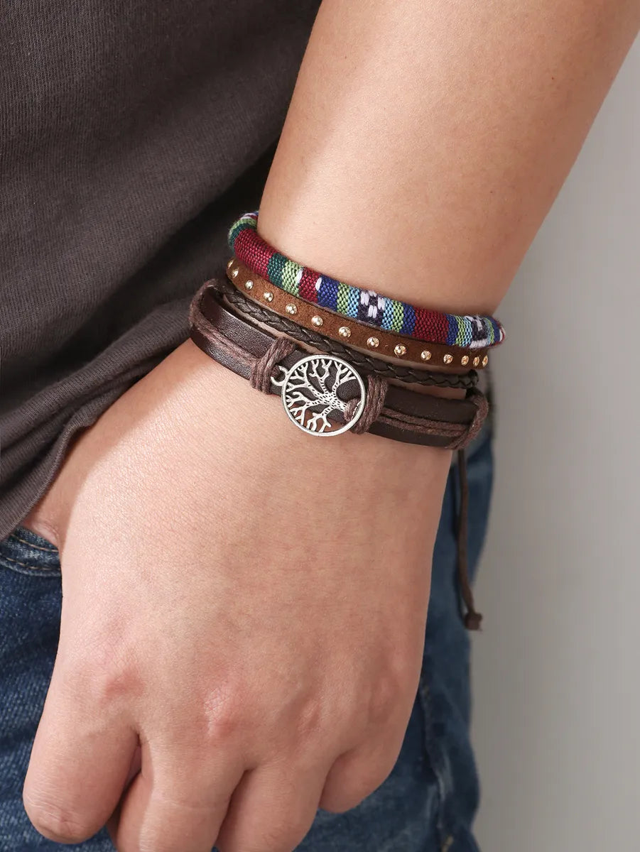 Retro Leather Braided Tree Of Life Bracelet 3 Pieces Set