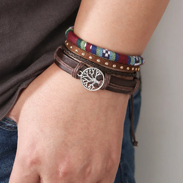 Retro Leather Braided Tree Of Life Bracelet 3 Pieces Set