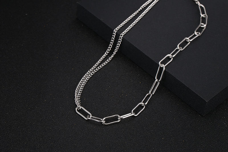 Simple Hollow Chain Double-chain Splicing Titanium Steel Necklace