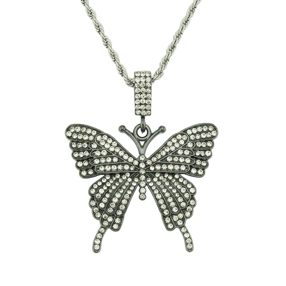 Simple Trendy Full Diamond Butterfly Pendant Necklace