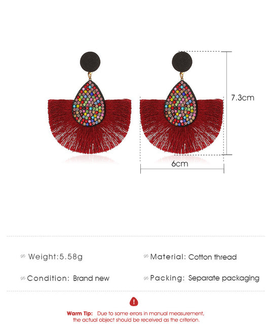 New Retro Exaggerated Colored Diamond Bohemian Creative Fan-shaped Tassel Earrings Wholesale