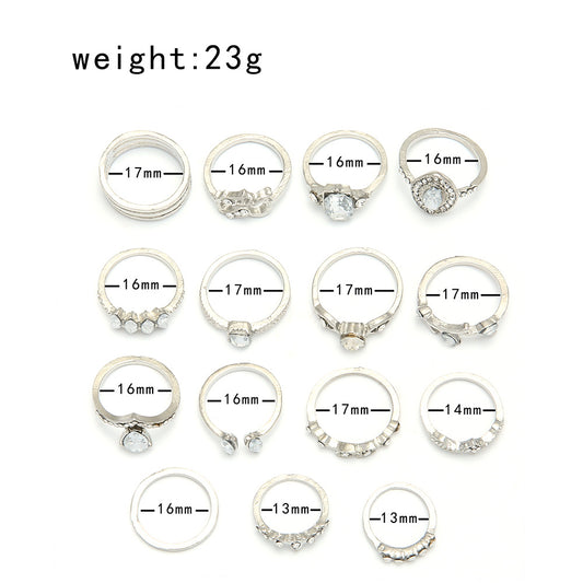 Fashion Hollow Diamond Heart Alloy Ring Set 15-piece