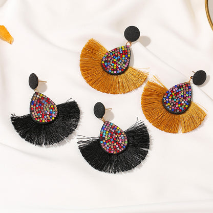 New Retro Exaggerated Colored Diamond Bohemian Creative Fan-shaped Tassel Earrings Wholesale