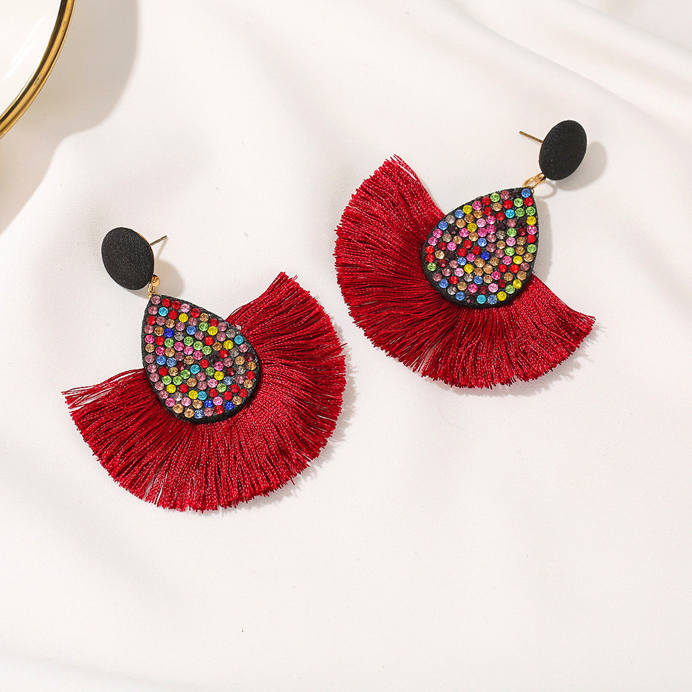 New Retro Exaggerated Colored Diamond Bohemian Creative Fan-shaped Tassel Earrings Wholesale