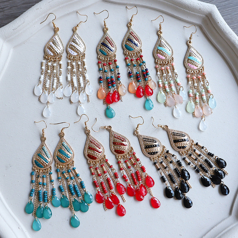 Vintage Multi-layer Water Drop Long Rice Beads Tassel Earrings