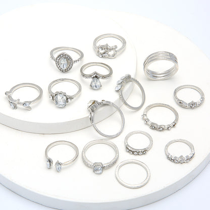 Fashion Hollow Diamond Heart Alloy Ring Set 15-piece