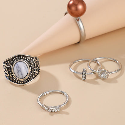 Hot Selling Retro Turquoise Ring Diamond-studded Pearl Joint Ring 5-piece Set