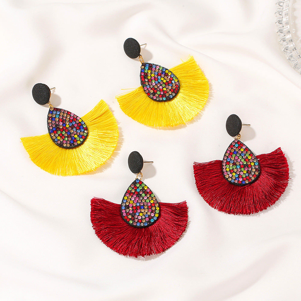 New Retro Exaggerated Colored Diamond Bohemian Creative Fan-shaped Tassel Earrings Wholesale