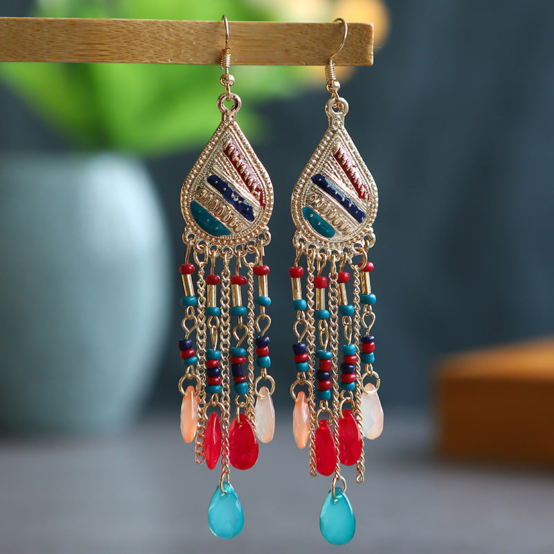 Vintage Multi-layer Water Drop Long Rice Beads Tassel Earrings