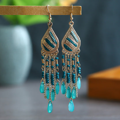 Vintage Multi-layer Water Drop Long Rice Beads Tassel Earrings