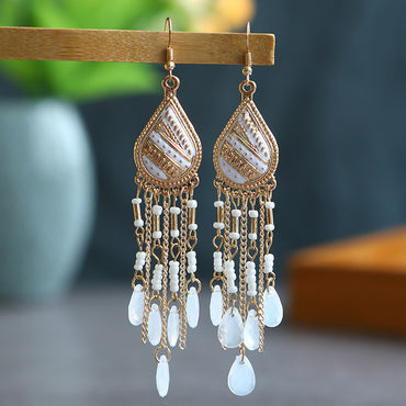 Vintage Multi-layer Water Drop Long Rice Beads Tassel Earrings