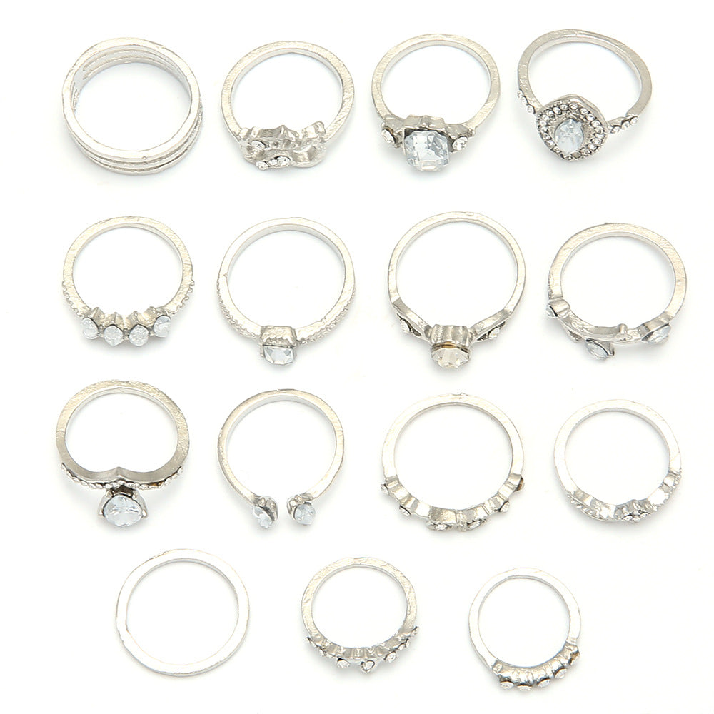 Fashion Hollow Diamond Heart Alloy Ring Set 15-piece