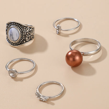 Hot Selling Retro Turquoise Ring Diamond-studded Pearl Joint Ring 5-piece Set