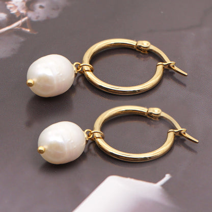 1 Pair Fashion Ethnic Style Stainless Steel Freshwater Pearl Hoop Earrings Drop Earrings