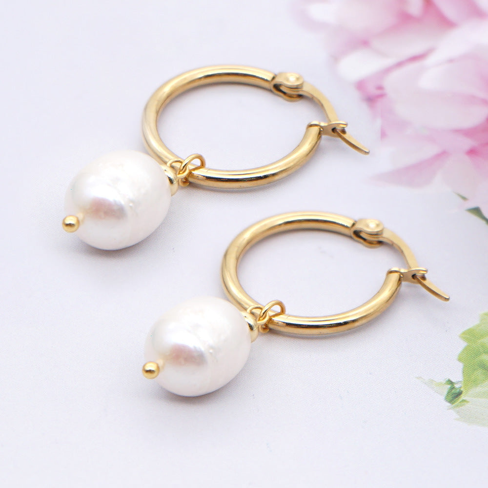 1 Pair Fashion Ethnic Style Stainless Steel Freshwater Pearl Hoop Earrings Drop Earrings