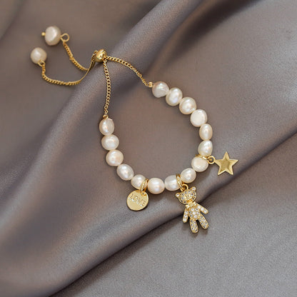 Elegant Cute Lady Bear Freshwater Pearl Copper Inlay Artificial Gemstones Bracelets