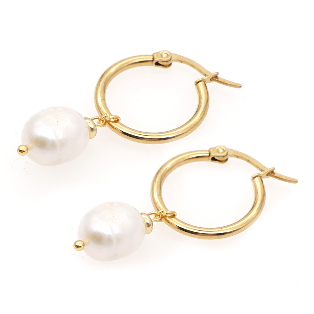 1 Pair Fashion Ethnic Style Stainless Steel Freshwater Pearl Hoop Earrings Drop Earrings