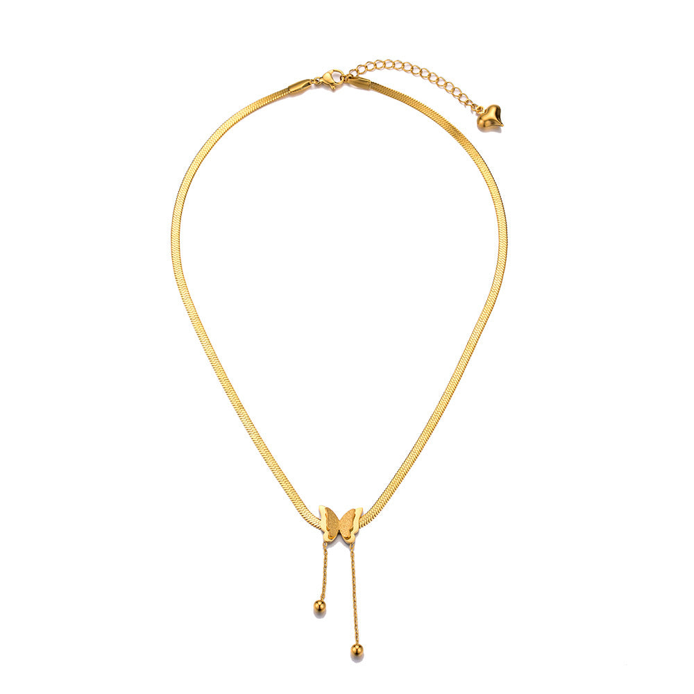 European And American Jewelry Special Interest Light Luxury Stainless Steel Real Gold Frosted Butterfly Pendant Exquisite Tassel Snake Bones Chain Clavicle Necklace