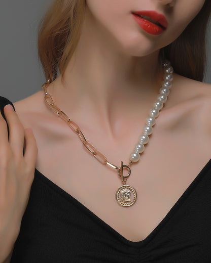 Women's Coin Pendant Pearl Necklace