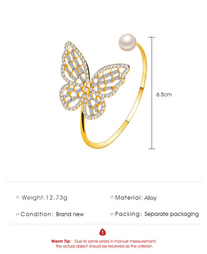 Hot-selling Versatile Hollow Zircon Butterfly Exaggerated Pearl Crystal Opening Adjustable Bracelet