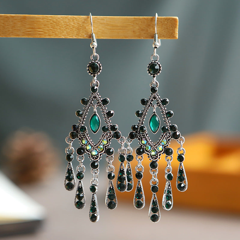 1 Pair Ethnic Style Water Droplets Tassel Alloy Tassel Rhinestones Women's Chandelier Earrings