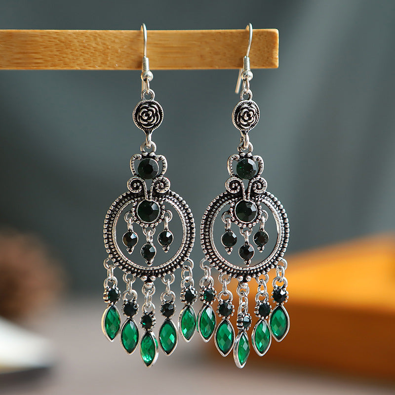 1 Pair Ethnic Style Round Water Droplets Alloy Tassel Rhinestones Women's Chandelier Earrings