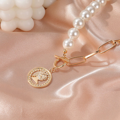 Women's Coin Pendant Pearl Necklace