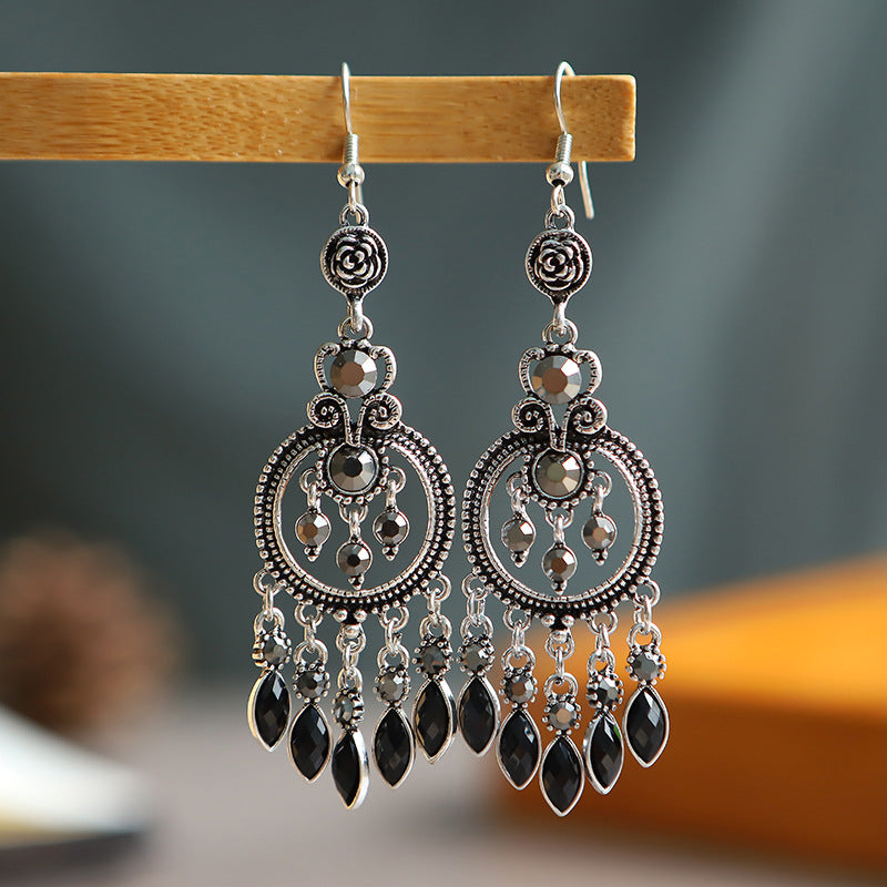 1 Pair Ethnic Style Round Water Droplets Alloy Tassel Rhinestones Women's Chandelier Earrings